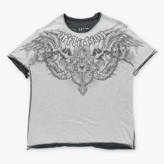 Vintage AFFLICTION Reversible Grey Chain & Cog Skulls Y2K T-Shirt (XXXL)