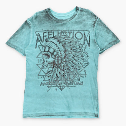 AFFLICTION 'American Customs' Vintage Turquoise & Black Velvet Detail USA Made Y2K Tee (M TALL)
