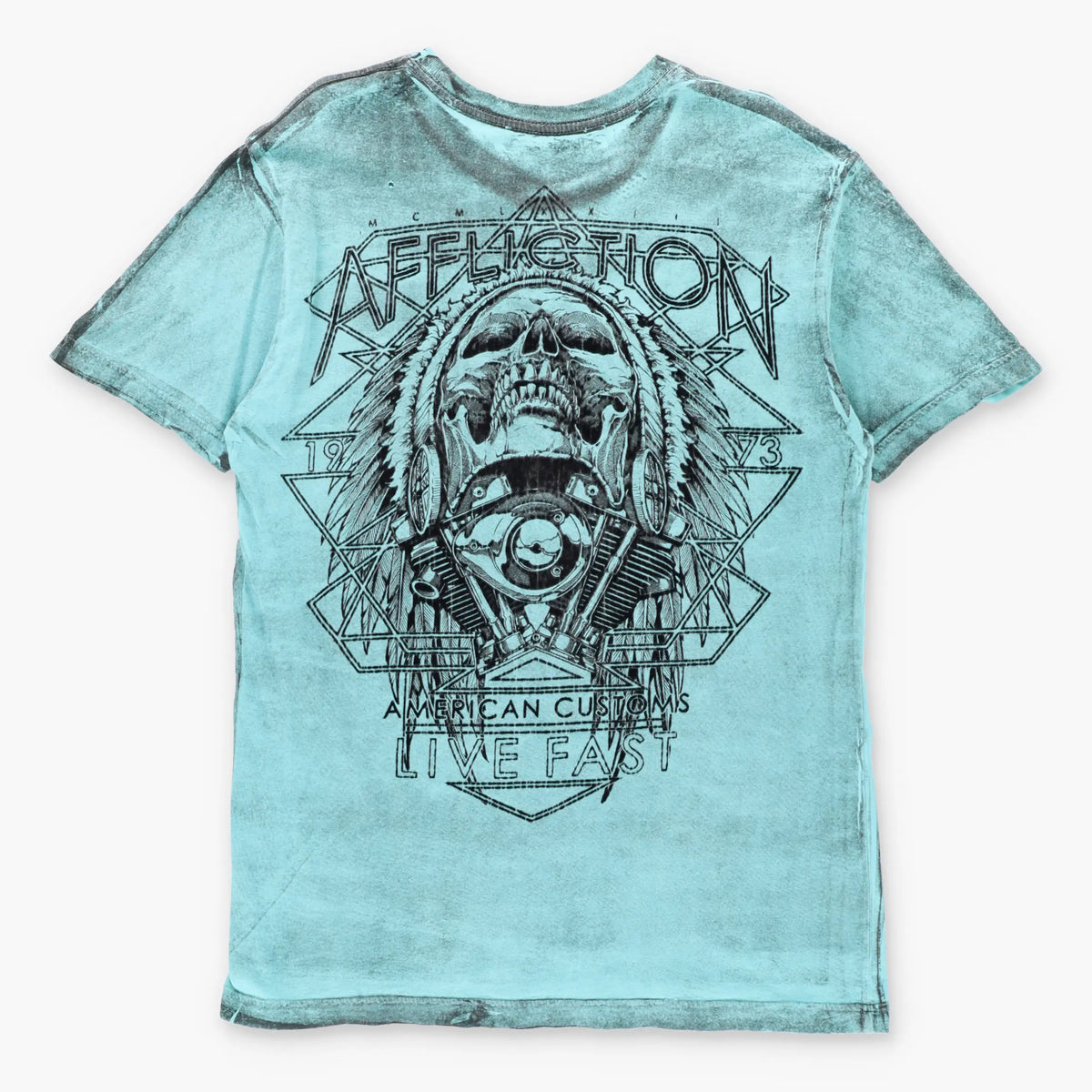 AFFLICTION 'American Customs' Vintage Turquoise & Black Velvet Detail USA Made Y2K Tee (M TALL)