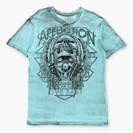 AFFLICTION 'American Customs' Vintage Turquoise & Black Velvet Detail USA Made Y2K Tee (M TALL)