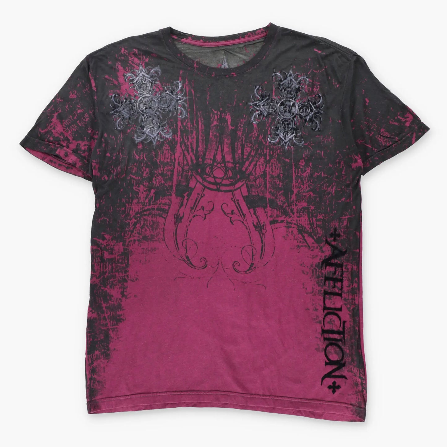 Vintage AFFLICTION Red & Black Velvet Spell Out Logo USA Made Y2K Cross T-Shirt (L-XL TALL)