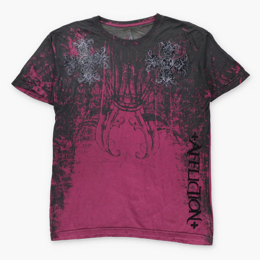Vintage AFFLICTION Red & Black Velvet Spell Out Logo USA Made Y2K Cross T-Shirt (L-XL TALL)