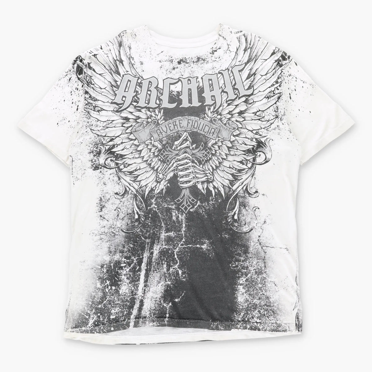 ARCHAIC AFFLICTION "Avere Fiducia" Vintage Silver Glitter Text Vintage Y2K T-Shirt (XXXL TALL)