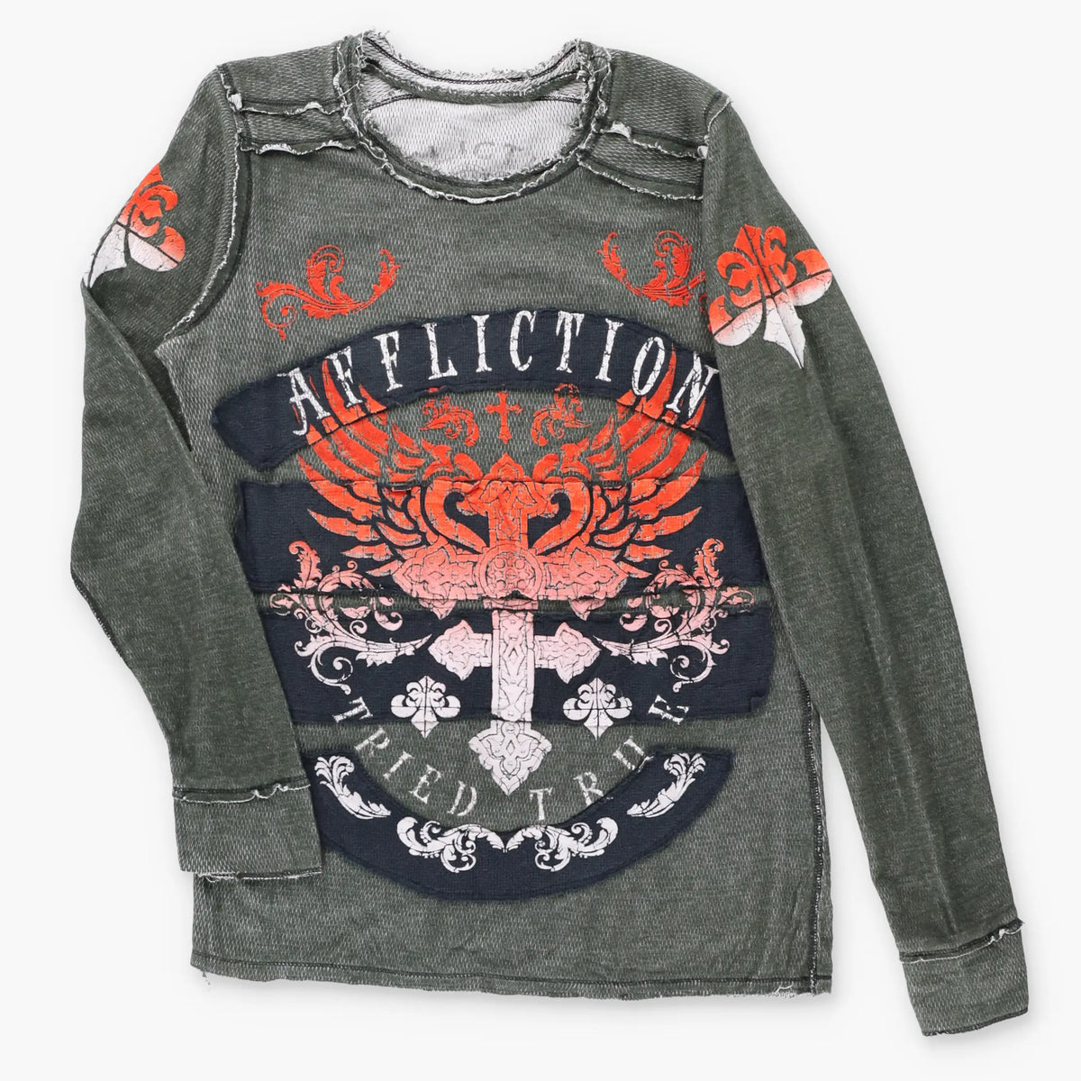 Vintage AFFLICTION "Tried True" Ombre Velvet Detail Reversible Y2K Long Sleeve T-Shirt (M)