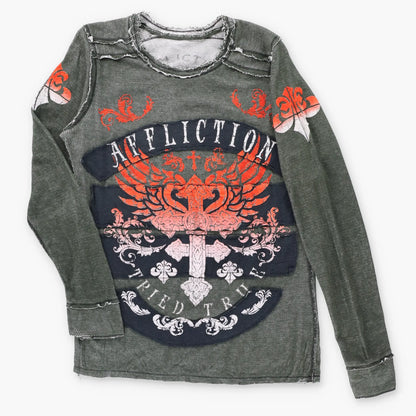Vintage AFFLICTION "Tried True" Ombre Velvet Detail Reversible Y2K Long Sleeve T-Shirt (M)