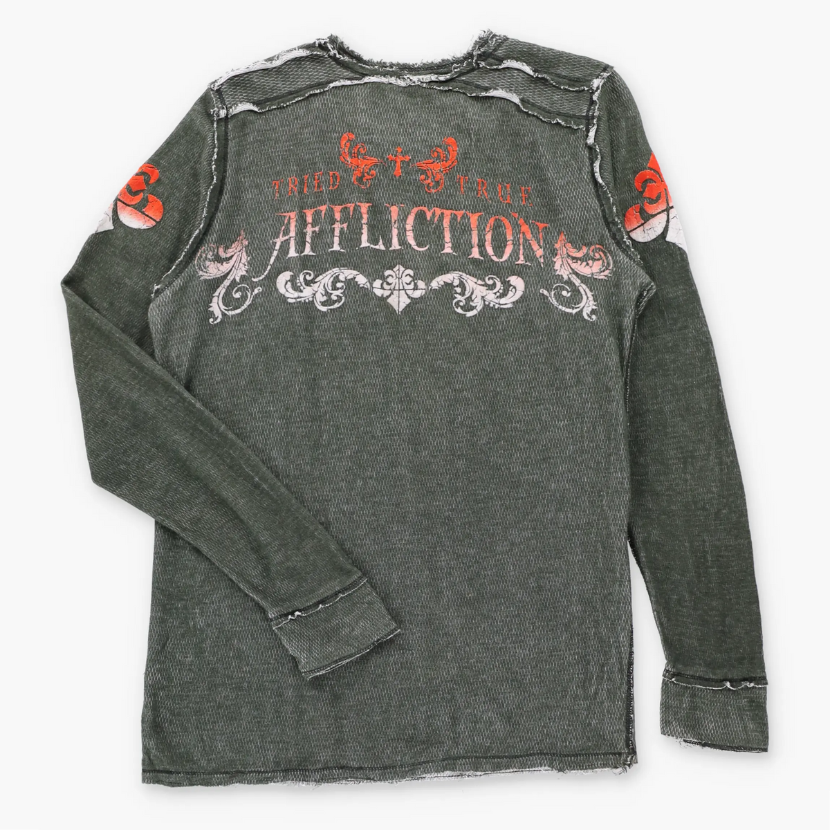 Vintage AFFLICTION "Tried True" Ombre Velvet Detail Reversible Y2K Long Sleeve T-Shirt (M)