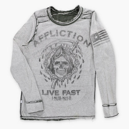 Vintage AFFLICTION "Tried True" Ombre Velvet Detail Reversible Y2K Long Sleeve T-Shirt (M)