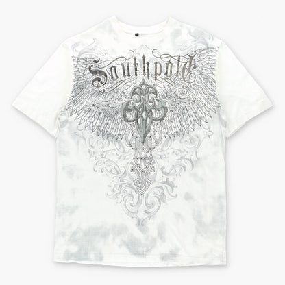 SOUTHPOLE Vintage Y2K Winged Cross Velvet Detail White T-Shirt (L TALL)