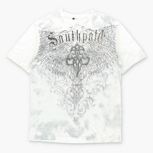 SOUTHPOLE Vintage Y2K Winged Cross Velvet Detail White T-Shirt (L TALL)