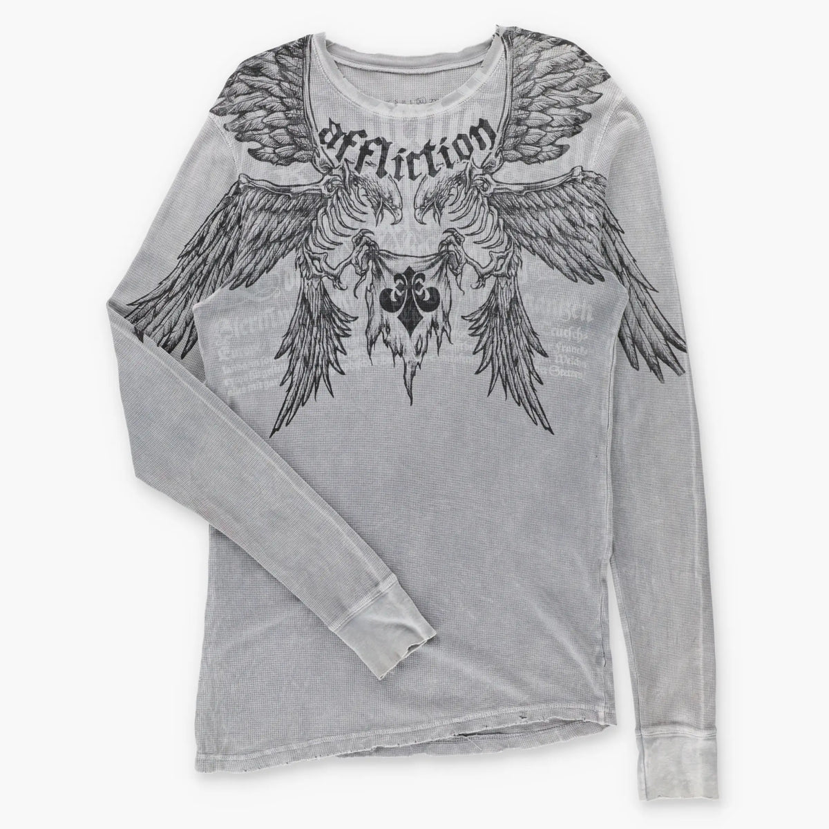 Vintage AFFLICTION Grey Skeletal Birds & Fleur-De-Lis Waffle Knit Thermal Long Sleeve Tee (L Tall)