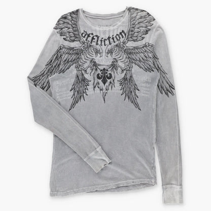 Vintage AFFLICTION Grey Skeletal Birds & Fleur-De-Lis Waffle Knit Thermal Long Sleeve Tee (L Tall)