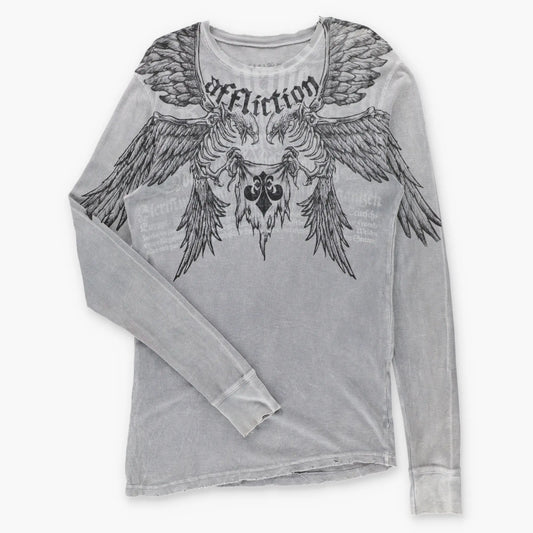 Vintage AFFLICTION Grey Skeletal Birds & Fleur-De-Lis Waffle Knit Thermal Long Sleeve Tee (L Tall)