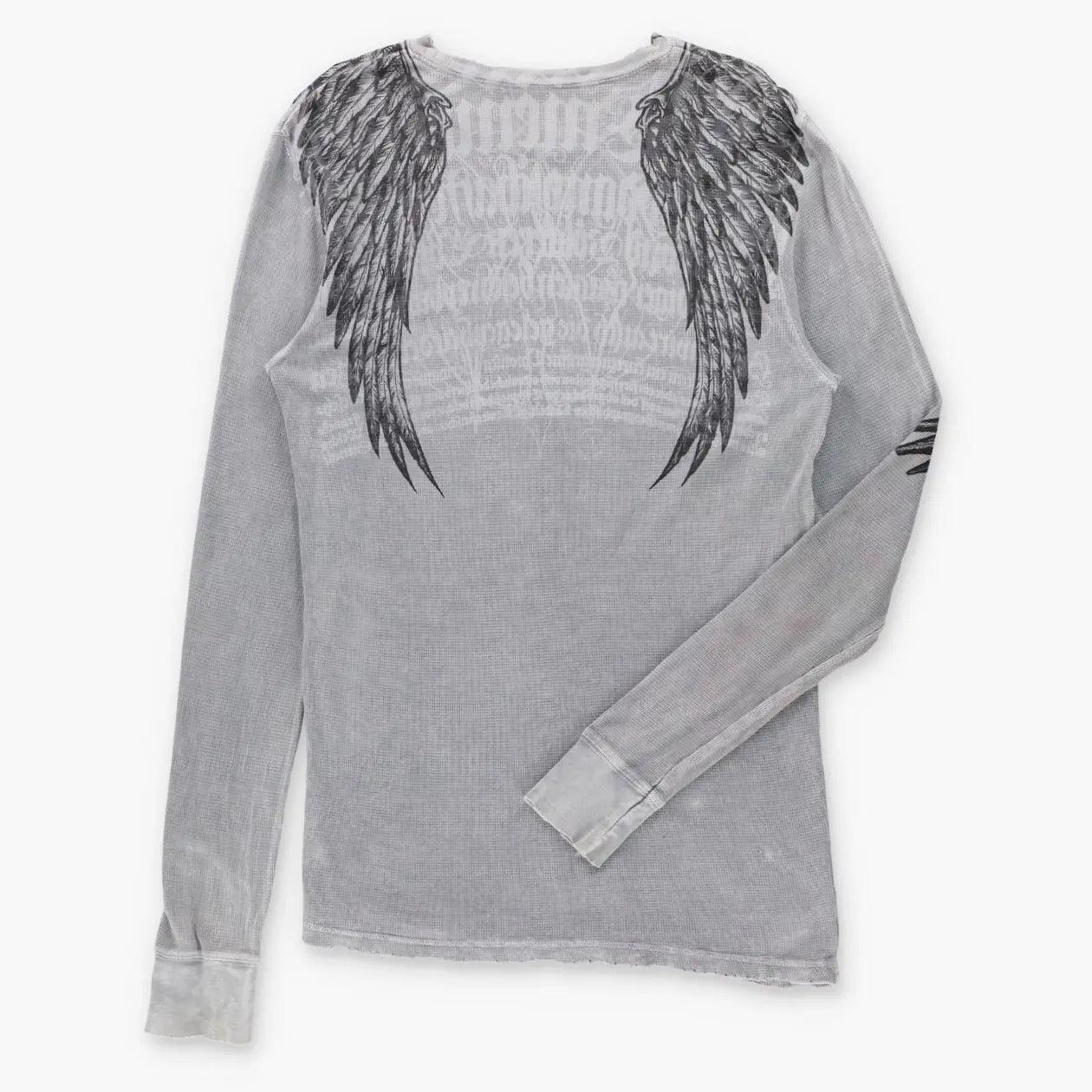 Vintage AFFLICTION Grey Skeletal Birds & Fleur-De-Lis Waffle Knit Thermal Long Sleeve Tee (L Tall)