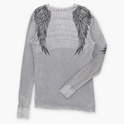 Vintage AFFLICTION Grey Skeletal Birds & Fleur-De-Lis Waffle Knit Thermal Long Sleeve Tee (L Tall)