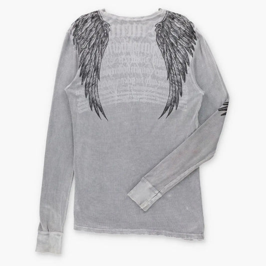 Vintage AFFLICTION Grey Skeletal Birds & Fleur-De-Lis Waffle Knit Thermal Long Sleeve Tee (L Tall)