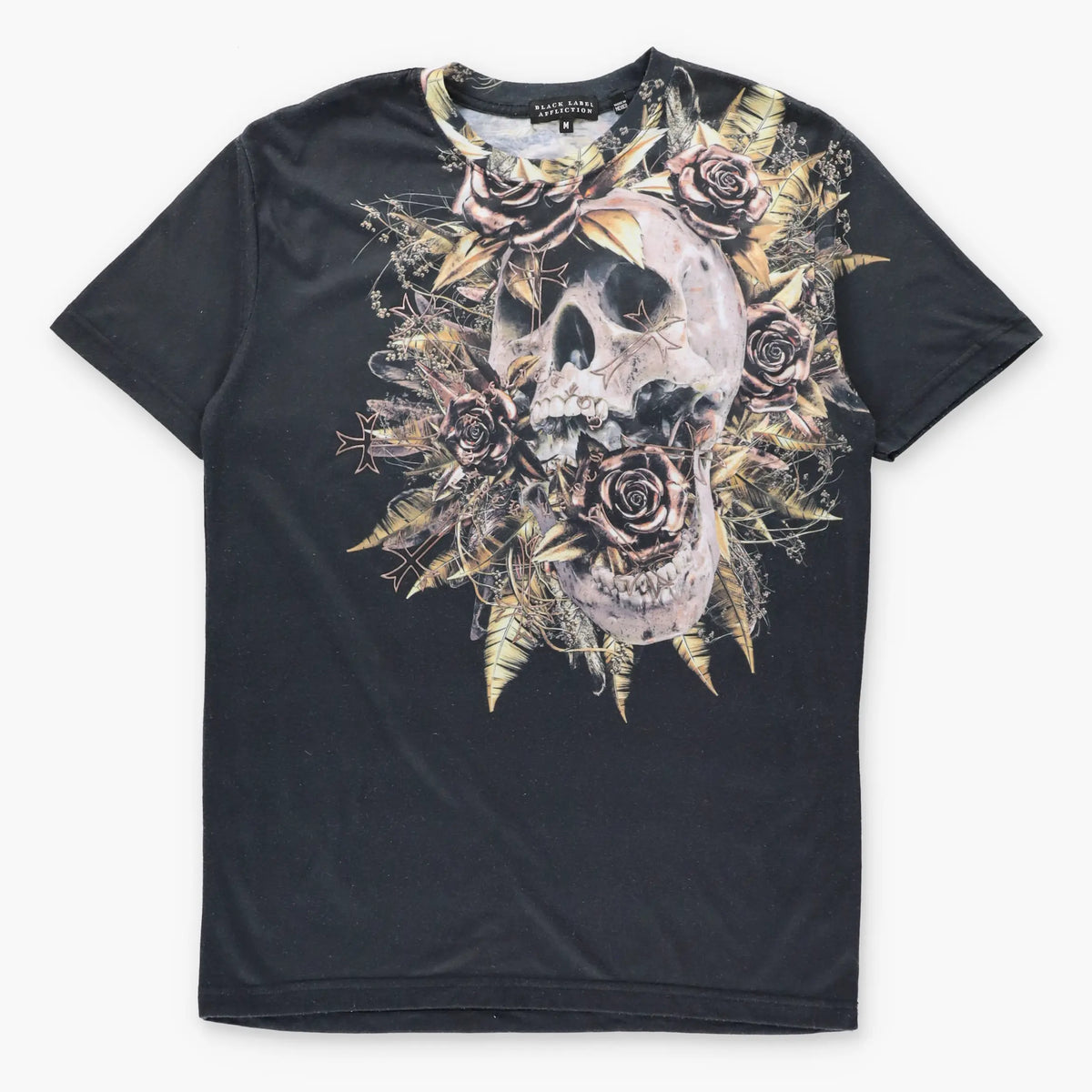 AFFLICTION 'Black Label' Gold Foil Crosses & Rose Skull Y2K Vintage Black T-Shirt (M TALL)