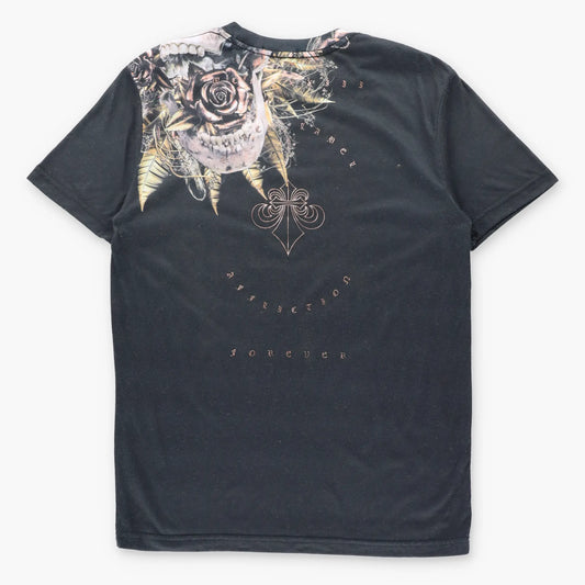 AFFLICTION 'Black Label' Gold Foil Crosses & Rose Skull Y2K Vintage Black T-Shirt (M TALL)