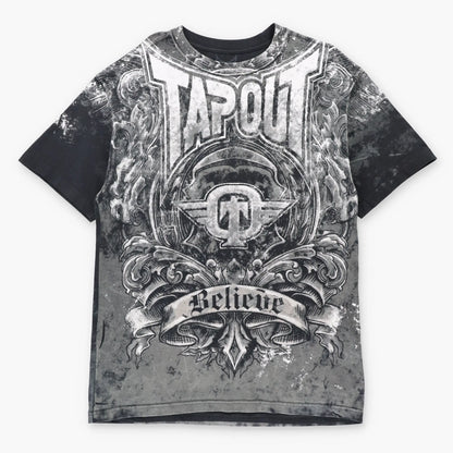 Vintage TAPOUT "Believe" Y2K All Over Print Wrestling T-Shirt (L-XL TALL)