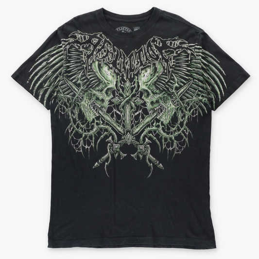 Vintage AFFLICTION Toxic Wrath Black & Green Y2K Skull T-Shirt (L TALL)