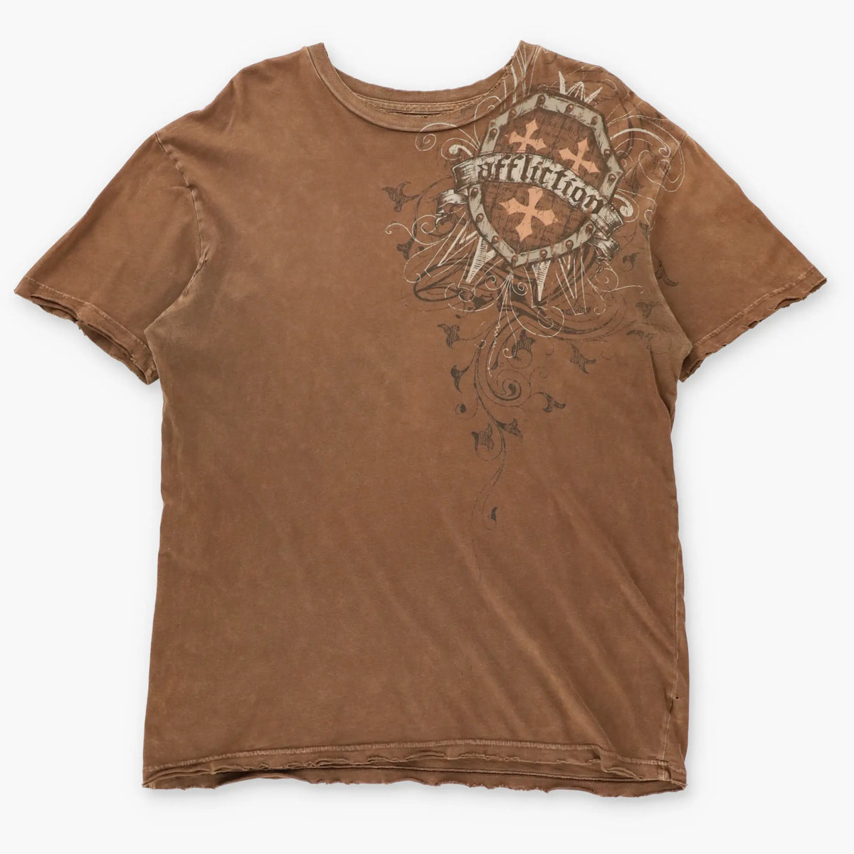 AFFLICTION Vintage "Live Fast" Spell Out Logo Shield Brown Y2K Tee USA Made (L)