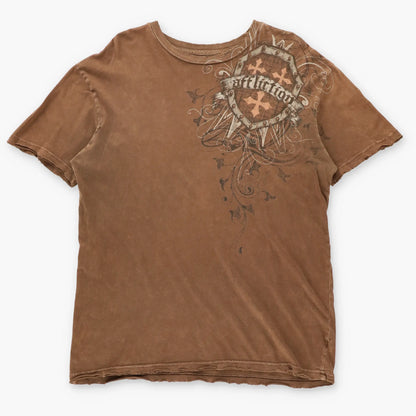 AFFLICTION Vintage "Live Fast" Spell Out Logo Shield Brown Y2K Tee USA Made (L)
