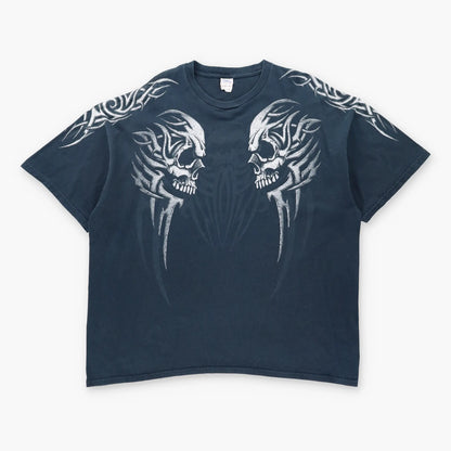 Vintage Y2K Style Mirrored Skulls Black T-Shirt (XXL)