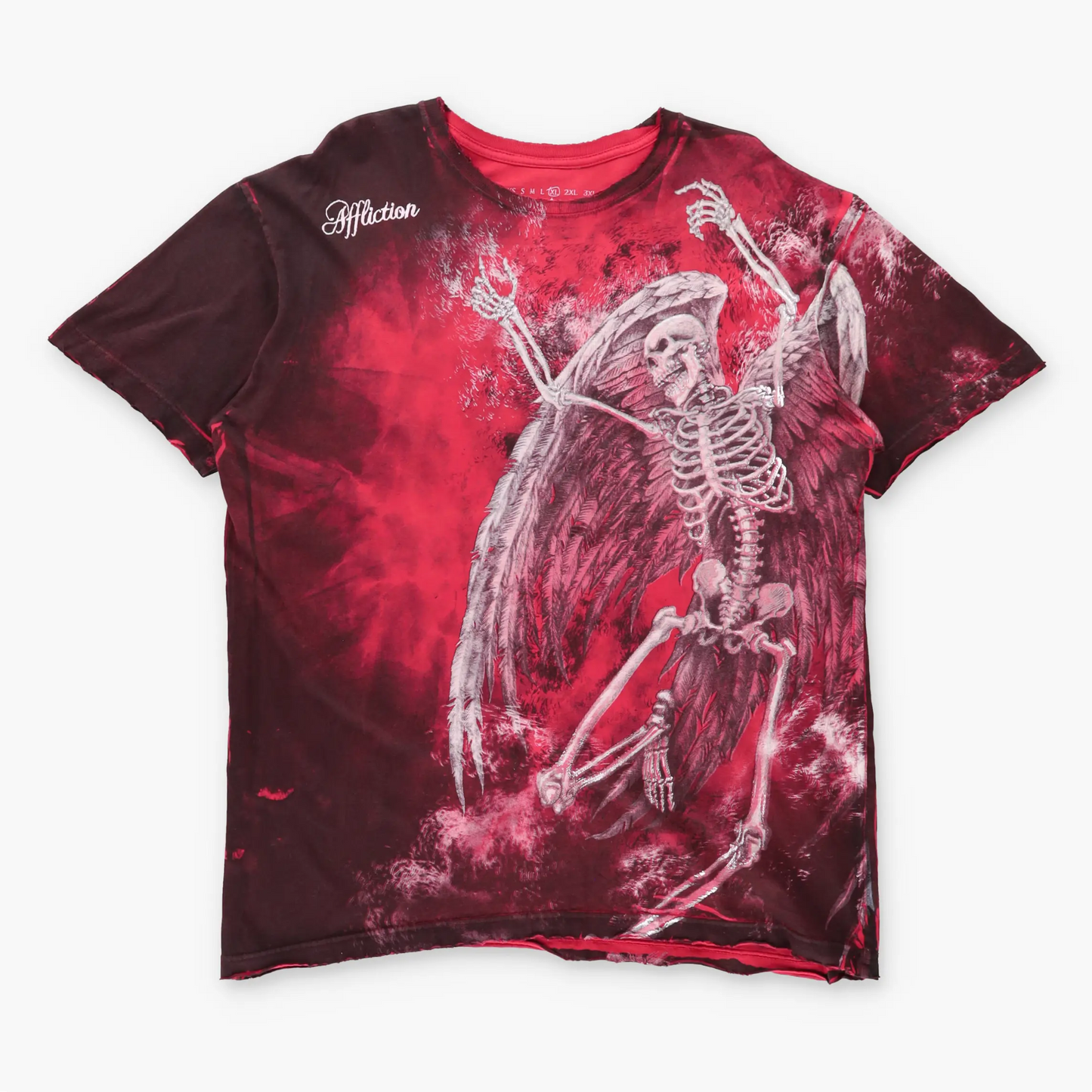 AFFLICTION Silver Foil Detail Winged Skeleton & Embroidered Spell Out Logo Y2K Red T-Shirt USA Made (XL)