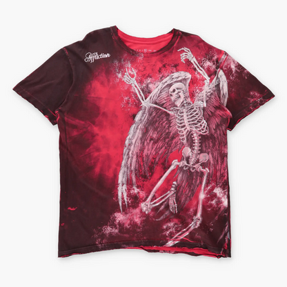 AFFLICTION Silver Foil Detail Winged Skeleton & Embroidered Spell Out Logo Y2K Red T-Shirt USA Made (XL)