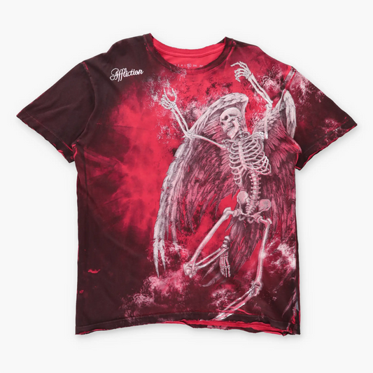 AFFLICTION Silver Foil Detail Winged Skeleton & Embroidered Spell Out Logo Y2K Red T-Shirt USA Made (XL)