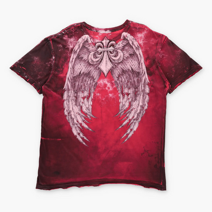 AFFLICTION Silver Foil Detail Winged Skeleton & Embroidered Spell Out Logo Y2K Red T-Shirt USA Made (XL)