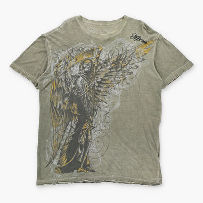 AFFLICTION Vintage Embroidered Spell Out Logo Grim Reaper Pale Green Y2K Tee (L-XL)