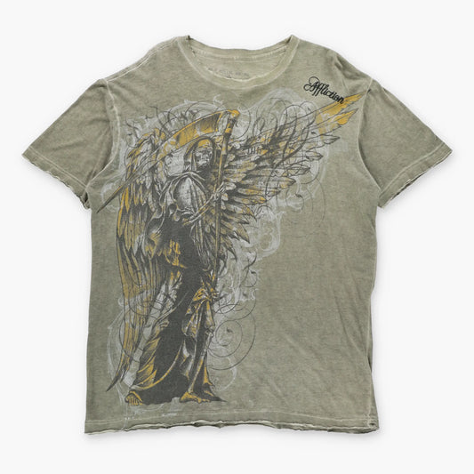 AFFLICTION Vintage Embroidered Spell Out Logo Grim Reaper Pale Green Y2K Tee (L-XL)