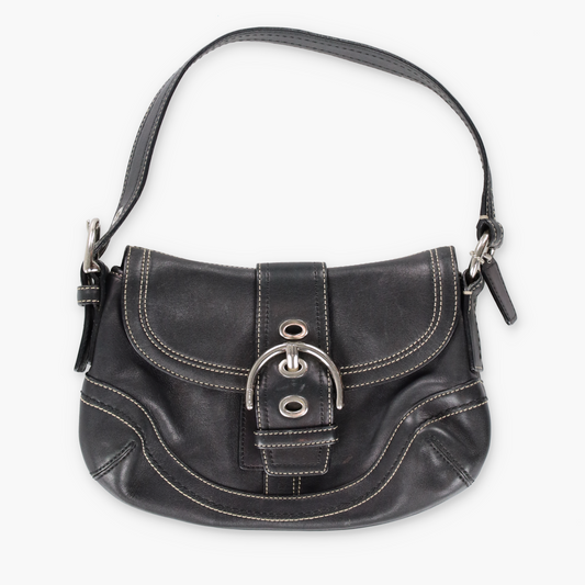 COACH F10909 Buckle Black Contrast Stitch Shoulder Bag