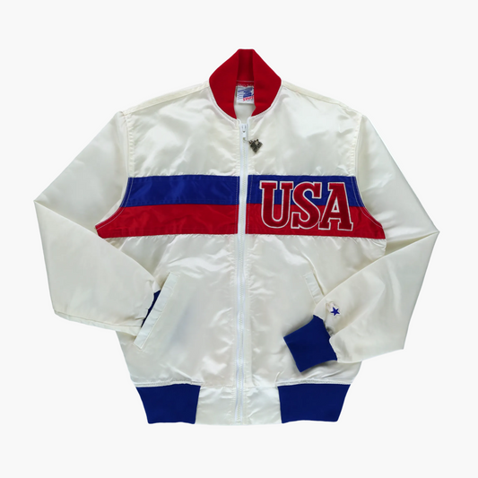 STARTER Olympics 1984 USA Embroidered Patch Retro Satin Bomber Jacket (S)