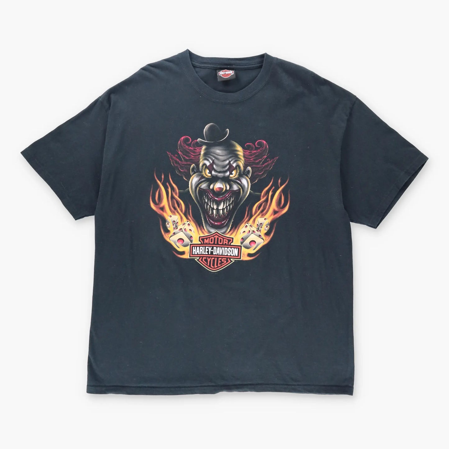 Vintage HARLEY DAVIDSON Clown Flaming Dice Motorcycle T-Shirt (XL)