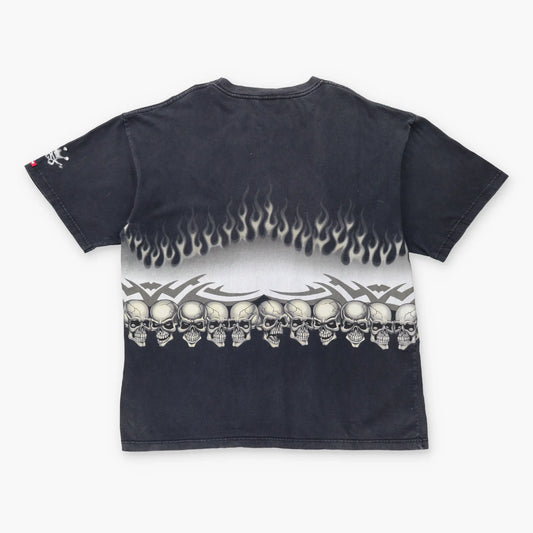 Vintage JNCO JEANS Flaming Skull USA Made Wrap Around Print T-Shirt (XXL)