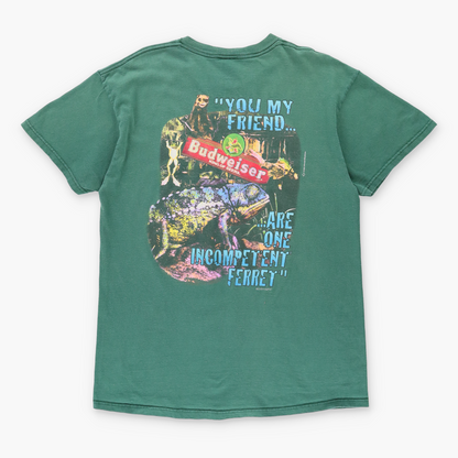 1998 Vintage BUDWEISER 'Incompetent Ferret' Animal Beer Front Back Green T-Shirt (L) Vintage Sole Melbourne