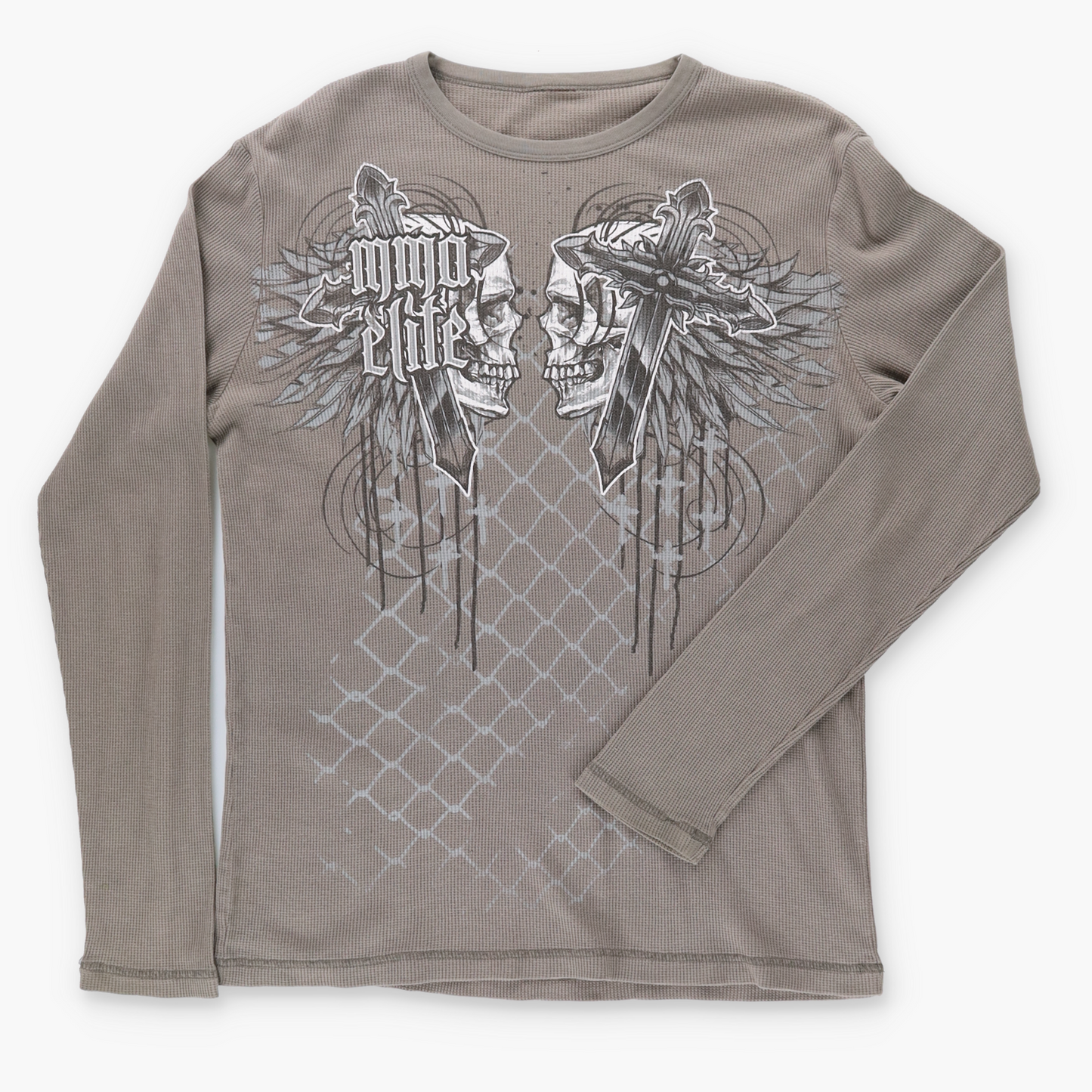 MMA ELITE Y2K Skull Cross Gothic Long Sleeve Thermal Tee (L)
