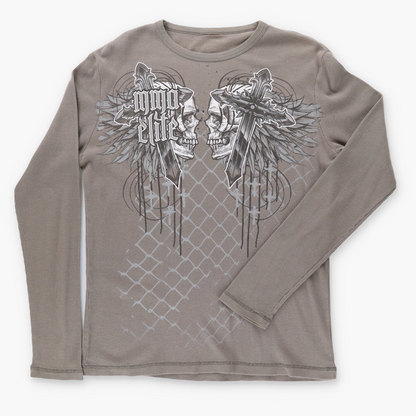 MMA ELITE Y2K Skull Cross Gothic Long Sleeve Thermal Tee (L)