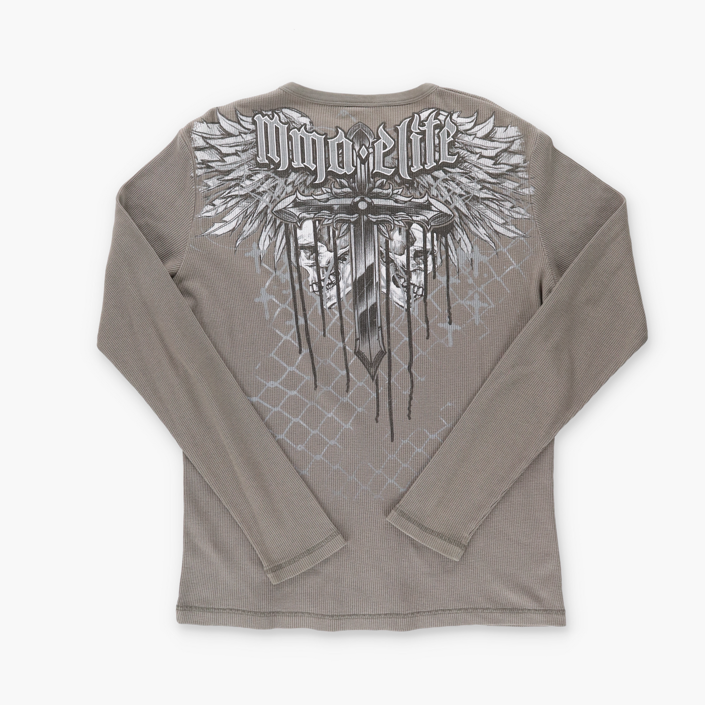 MMA ELITE Y2K Skull Cross Gothic Long Sleeve Thermal Tee (L)