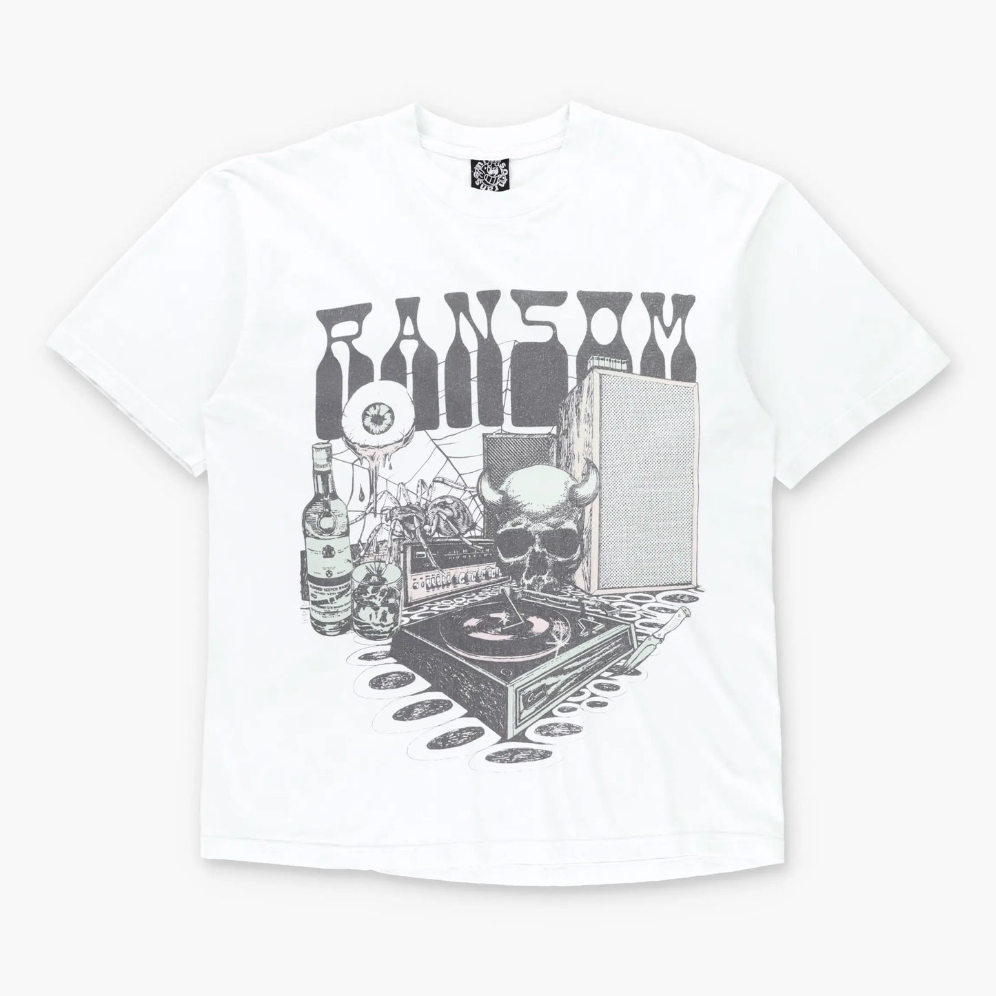 RANSOM Colour Changing Demon Skull & Record Player White T-Shirt USA Made (L)