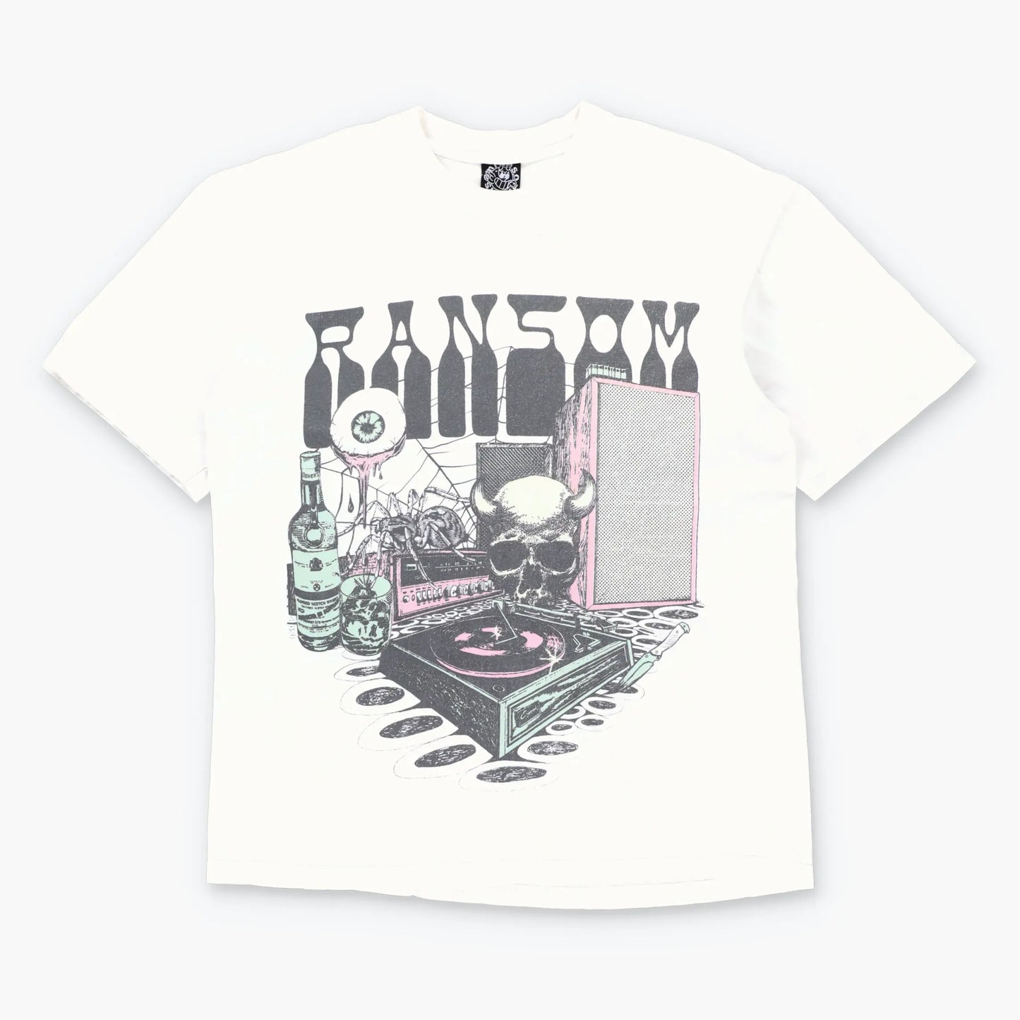RANSOM Colour Changing Demon Skull & Record Player White T-Shirt USA Made (L)