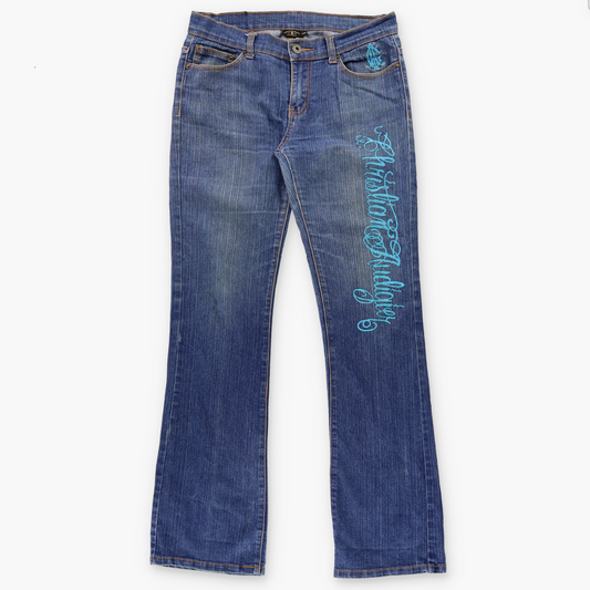 CHRISTIAN AUDIGIER Skull & Dagger "Vida Muerte" Embroidered Pocket Bootcut Jeans (32)