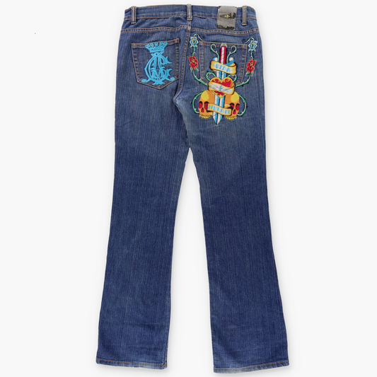 CHRISTIAN AUDIGIER Skull & Dagger "Vida Muerte" Embroidered Pocket Bootcut Jeans (32)