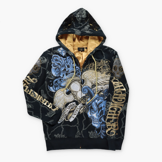CHRISTIAN AUDIGIER Winged Hourglass & Rhinestone Skulls Gold Embroidered Hoodie Sweatshirt (S-M)