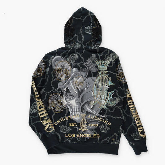 CHRISTIAN AUDIGIER Winged Hourglass & Rhinestone Skulls Gold Embroidered Hoodie Sweatshirt (S-M)