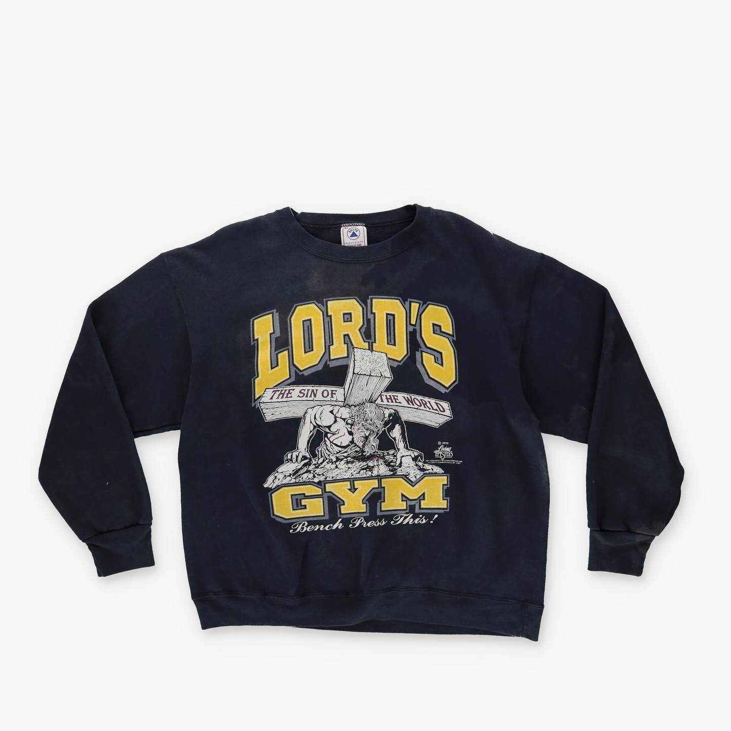 1990 Lord's Gym 'His Pain Your Gain' Jesus Graphic 'USA Made' Navy Vintage Sweatshirt (M-L)