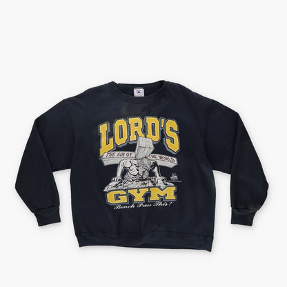 1990 Lord's Gym 'His Pain Your Gain' Jesus Graphic 'USA Made' Navy Vintage Sweatshirt (M-L)