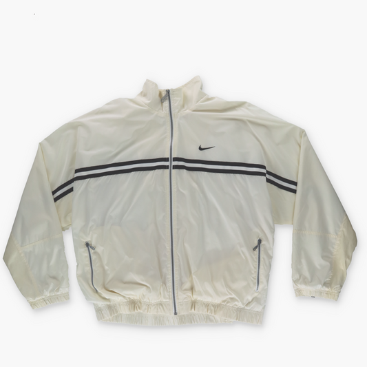 NIKE Cream Black Stripe Embroidered Swoosh Spell Out Windbreaker Zip-Up Jacket (XL)