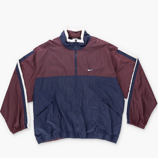 NIKE Maroon & Navy Striped Spell Out Embroidered Logo Windbreaker Zip-Up Jacket (XXL)